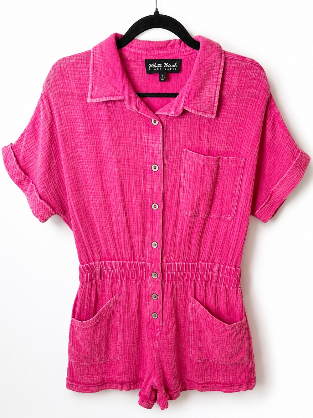 White Birch Black Label Hot Pink Gauze Romper Pockets S